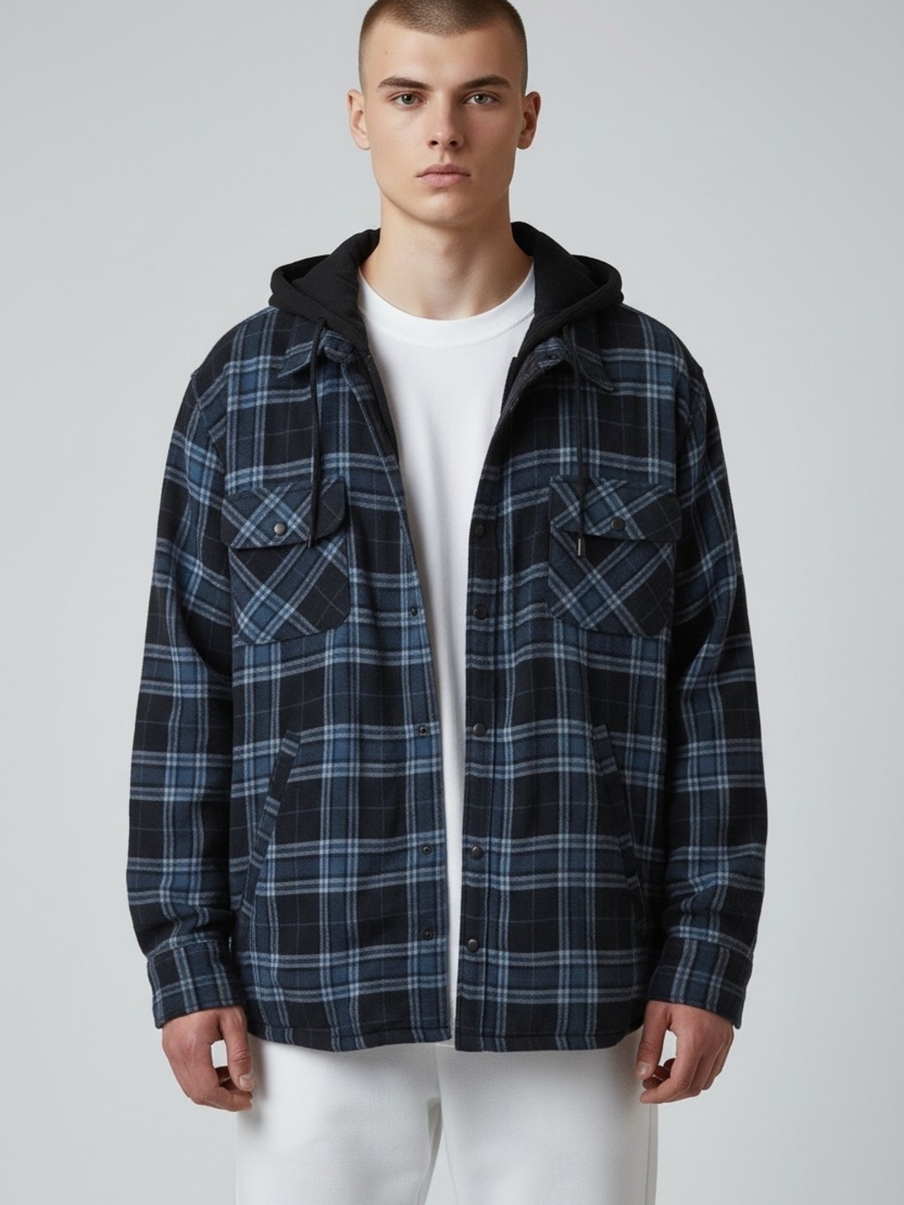 Haband Tailgater Men’s 2X Blue Plaid Hooded Quilted Flannel Jacket Coat